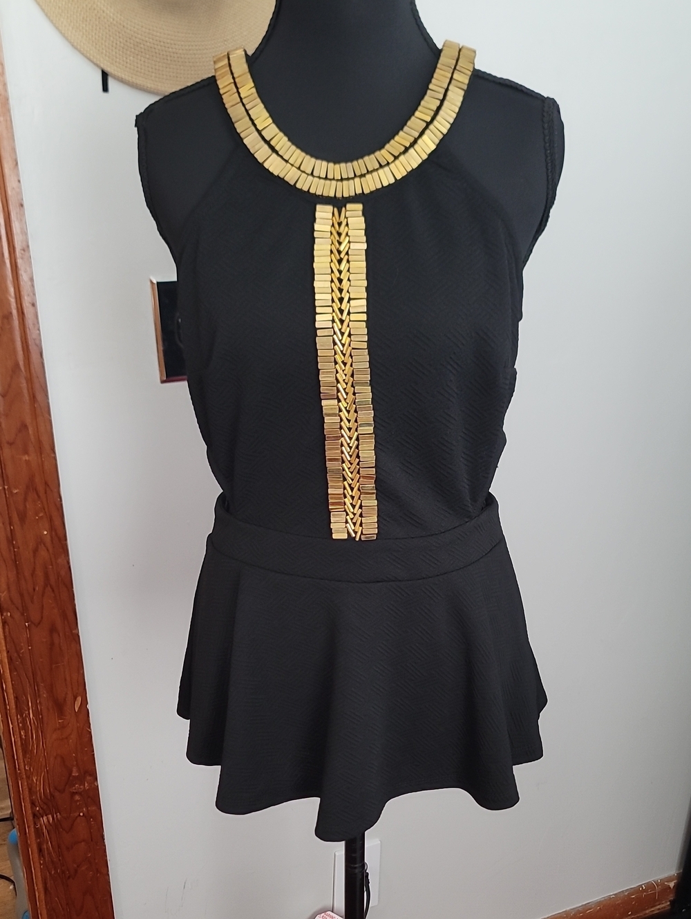 Y2K Bebe Sleeveless peplum Top, With Gold Beading